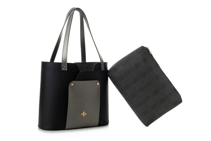 Lucky Bees Bolso Tote 1292 Piel Negro y Gris 30x12x26 cm